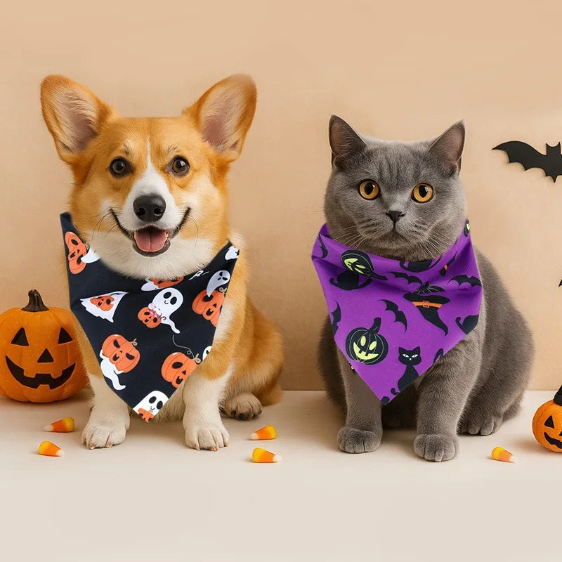 Pet Halloween Scarf Purple Black Cat Boo Print Adjustable Bandana Saliva Towel For Dogs Cats Party Festival