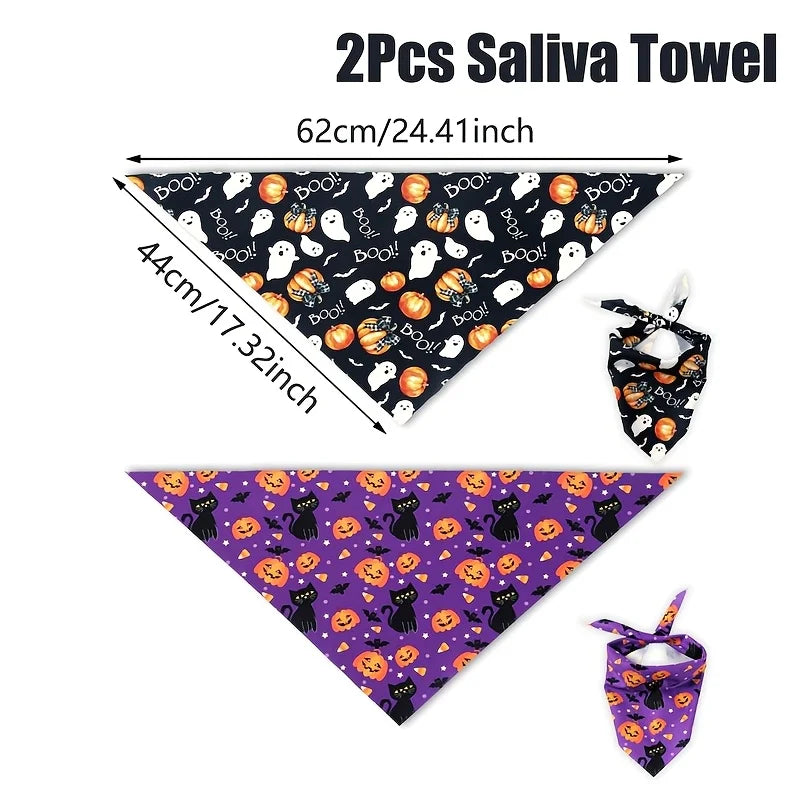 Pet Halloween Scarf Purple Black Cat Boo Print Adjustable Bandana Saliva Towel For Dogs Cats Party Festival