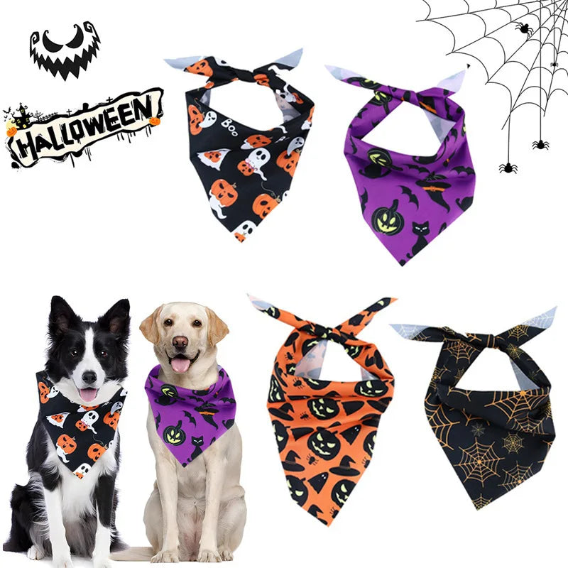 Pet Halloween Scarf Purple Black Cat Boo Print Adjustable Bandana Saliva Towel For Dogs Cats Party Festival