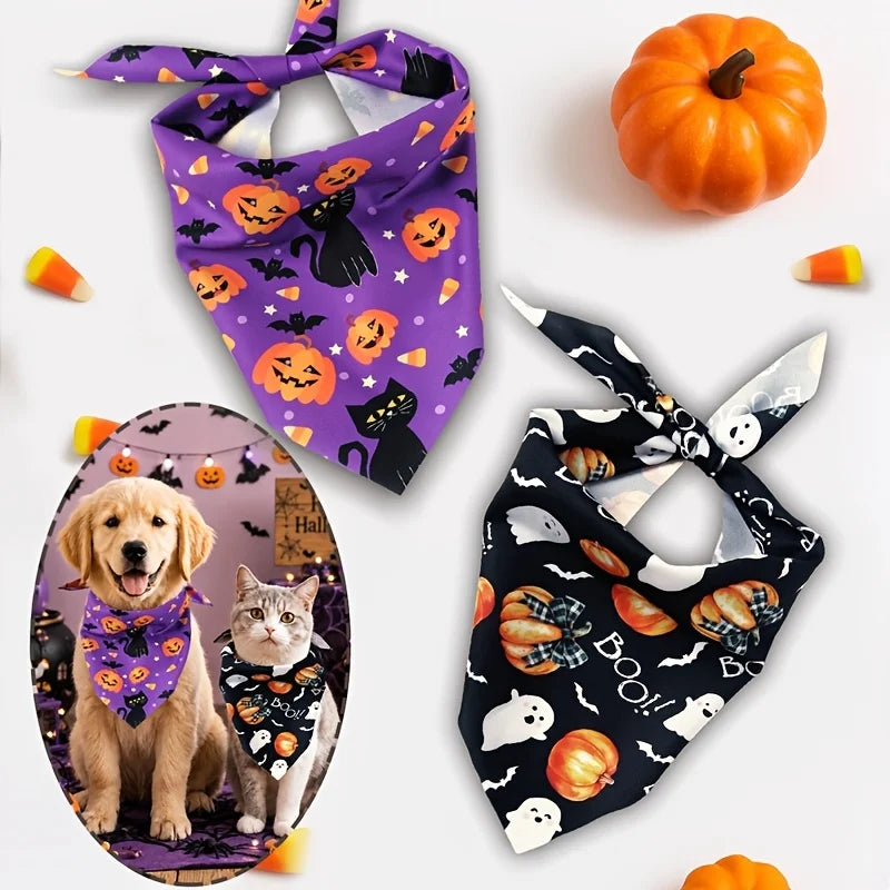 Pet Halloween Scarf Purple Black Cat Boo Print Adjustable Bandana Saliva Towel For Dogs Cats Party Festival