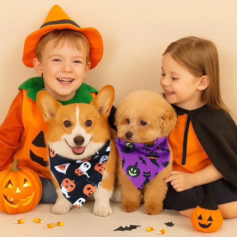 Pet Halloween Scarf Purple Black Cat Boo Print Adjustable Bandana Saliva Towel For Dogs Cats Party Festival
